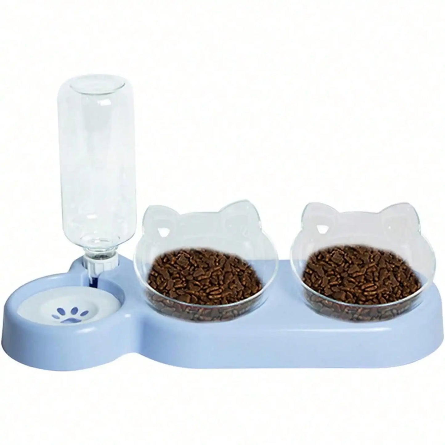 1pc Triple Cat Bowls for Food and Water, Automatic Water Bottle 3 in 1 Pet Bowls 2 Food Bowls and Water Feeder Set Wet Dry