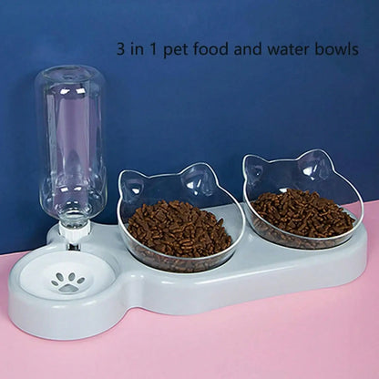 1pc Triple Cat Bowls for Food and Water, Automatic Water Bottle 3 in 1 Pet Bowls 2 Food Bowls and Water Feeder Set Wet Dry