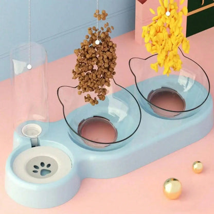 1pc Triple Cat Bowls for Food and Water, Automatic Water Bottle 3 in 1 Pet Bowls 2 Food Bowls and Water Feeder Set Wet Dry