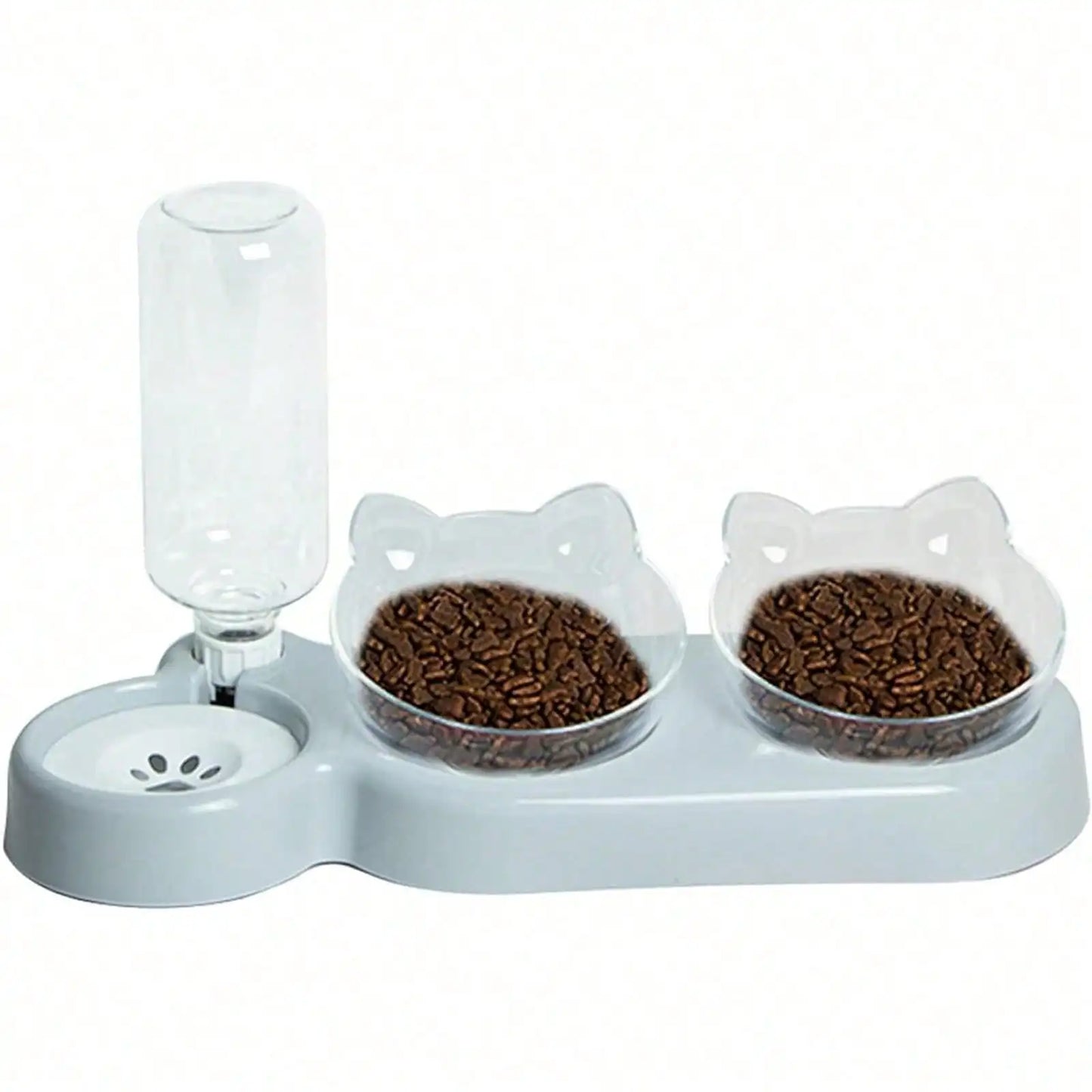 1pc Triple Cat Bowls for Food and Water, Automatic Water Bottle 3 in 1 Pet Bowls 2 Food Bowls and Water Feeder Set Wet Dry