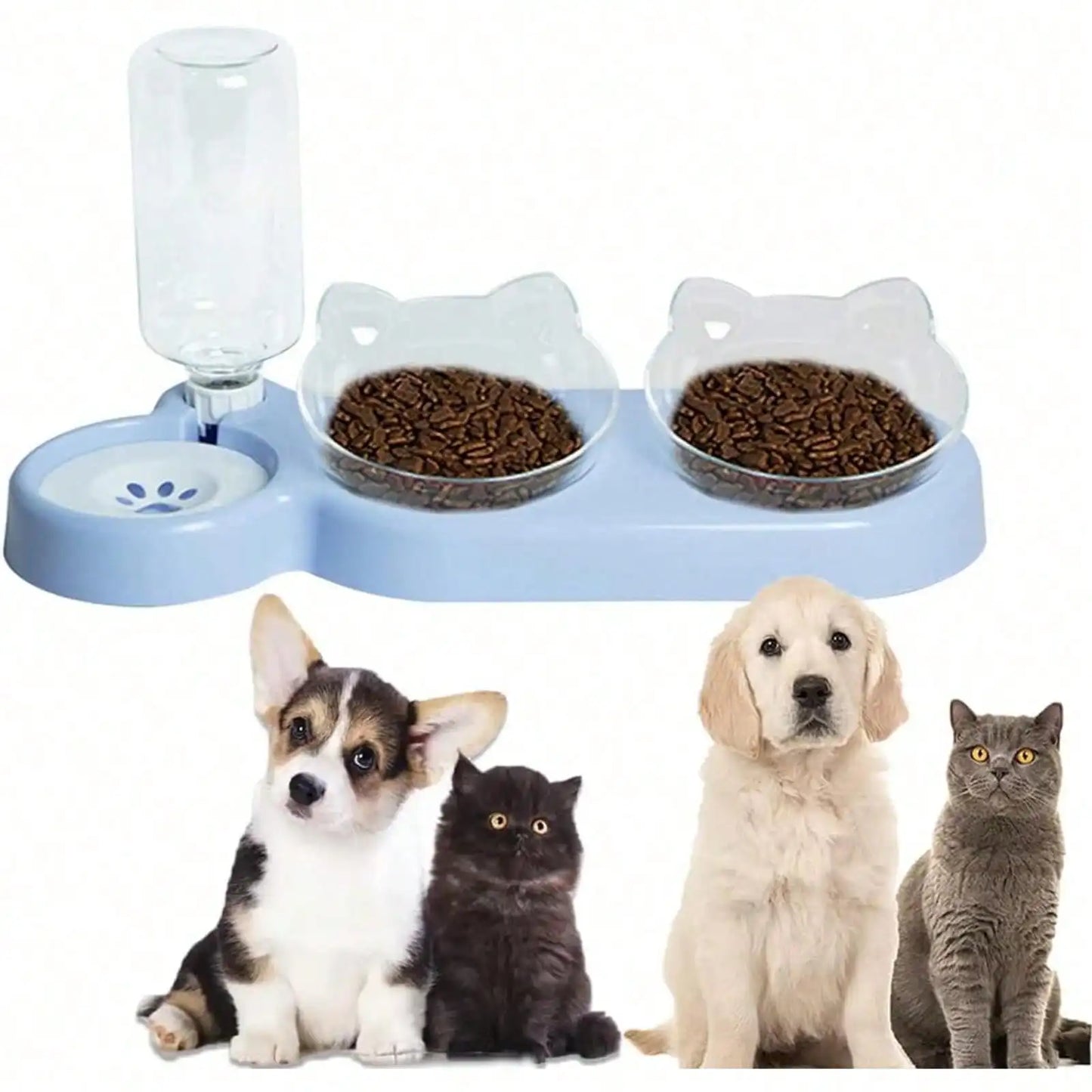 1pc Triple Cat Bowls for Food and Water, Automatic Water Bottle 3 in 1 Pet Bowls 2 Food Bowls and Water Feeder Set Wet Dry