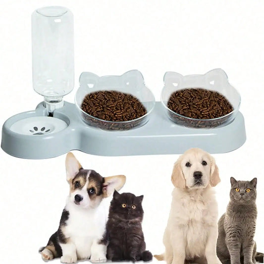 1pc Triple Cat Bowls for Food and Water, Automatic Water Bottle 3 in 1 Pet Bowls 2 Food Bowls and Water Feeder Set Wet Dry
