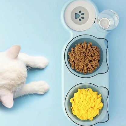 1pc Triple Cat Bowls for Food and Water, Automatic Water Bottle 3 in 1 Pet Bowls 2 Food Bowls and Water Feeder Set Wet Dry