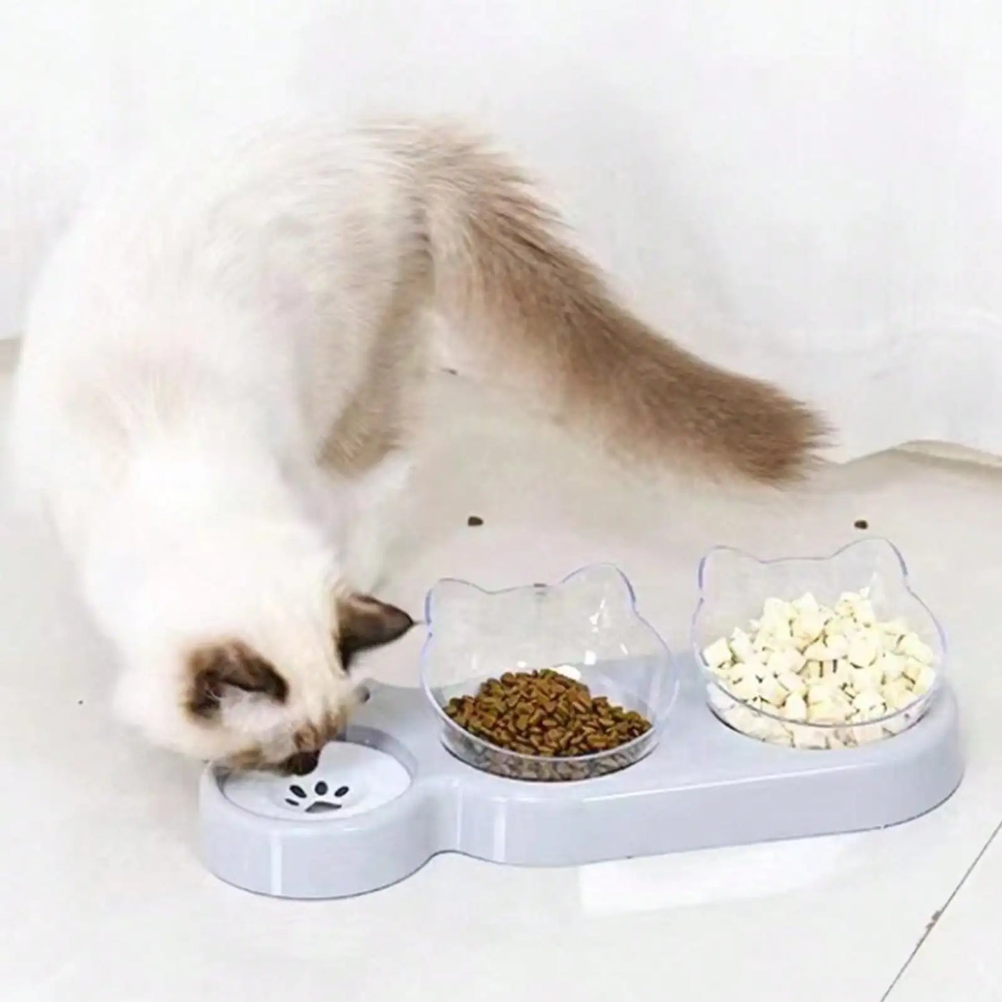 1pc Triple Cat Bowls for Food and Water, Automatic Water Bottle 3 in 1 Pet Bowls 2 Food Bowls and Water Feeder Set Wet Dry
