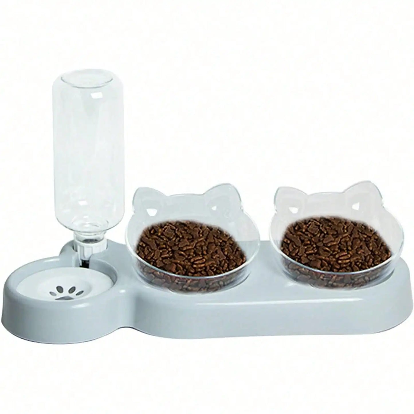 1pc Triple Cat Bowls for Food and Water, Automatic Water Bottle 3 in 1 Pet Bowls 2 Food Bowls and Water Feeder Set Wet Dry