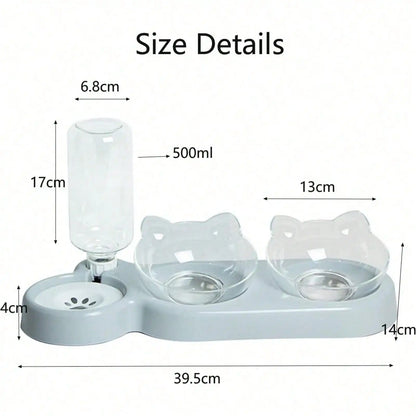 1pc Triple Cat Bowls for Food and Water, Automatic Water Bottle 3 in 1 Pet Bowls 2 Food Bowls and Water Feeder Set Wet Dry