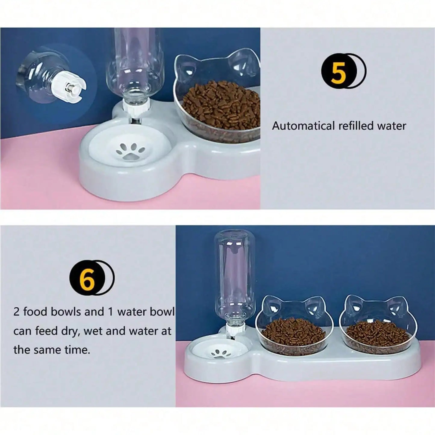 1pc Triple Cat Bowls for Food and Water, Automatic Water Bottle 3 in 1 Pet Bowls 2 Food Bowls and Water Feeder Set Wet Dry