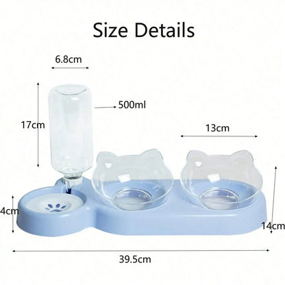 1pc Triple Cat Bowls for Food and Water, Automatic Water Bottle 3 in 1 Pet Bowls 2 Food Bowls and Water Feeder Set Wet Dry