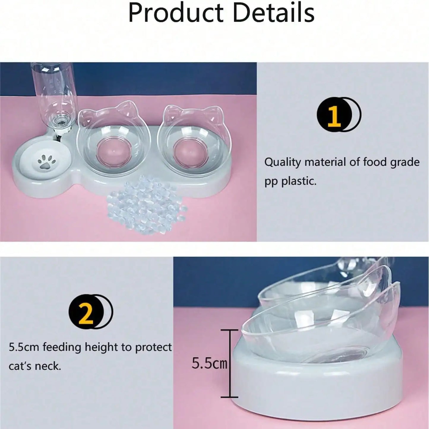 1pc Triple Cat Bowls for Food and Water, Automatic Water Bottle 3 in 1 Pet Bowls 2 Food Bowls and Water Feeder Set Wet Dry