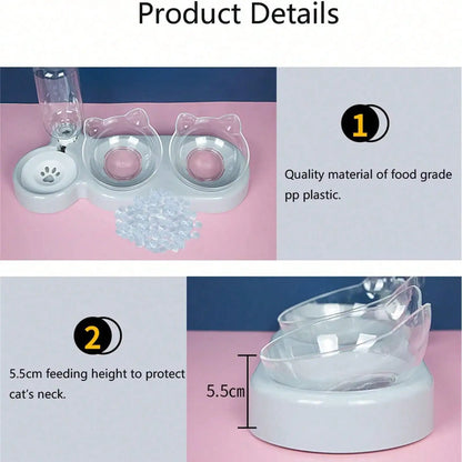 1pc Triple Cat Bowls for Food and Water, Automatic Water Bottle 3 in 1 Pet Bowls 2 Food Bowls and Water Feeder Set Wet Dry