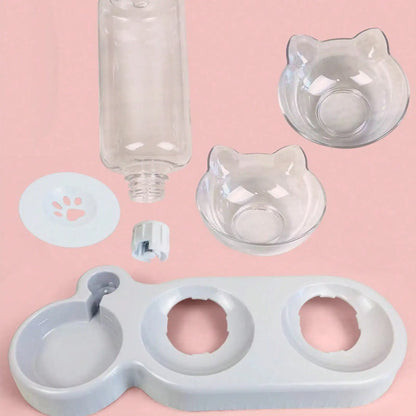 1pc Triple Cat Bowls for Food and Water, Automatic Water Bottle 3 in 1 Pet Bowls 2 Food Bowls and Water Feeder Set Wet Dry