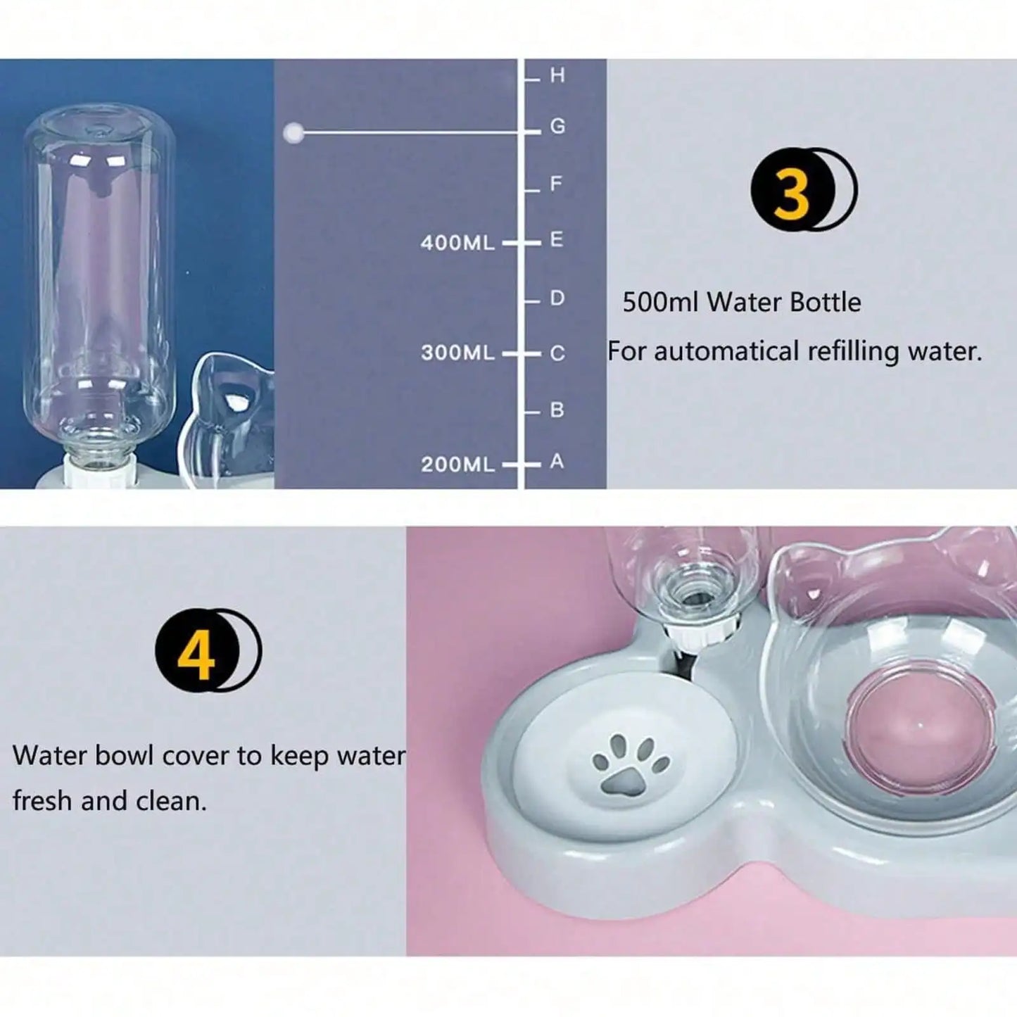 1pc Triple Cat Bowls for Food and Water, Automatic Water Bottle 3 in 1 Pet Bowls 2 Food Bowls and Water Feeder Set Wet Dry