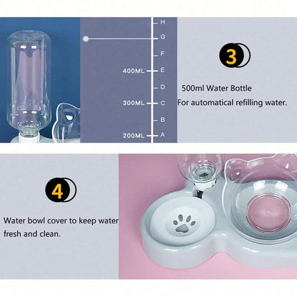 1pc Triple Cat Bowls for Food and Water, Automatic Water Bottle 3 in 1 Pet Bowls 2 Food Bowls and Water Feeder Set Wet Dry