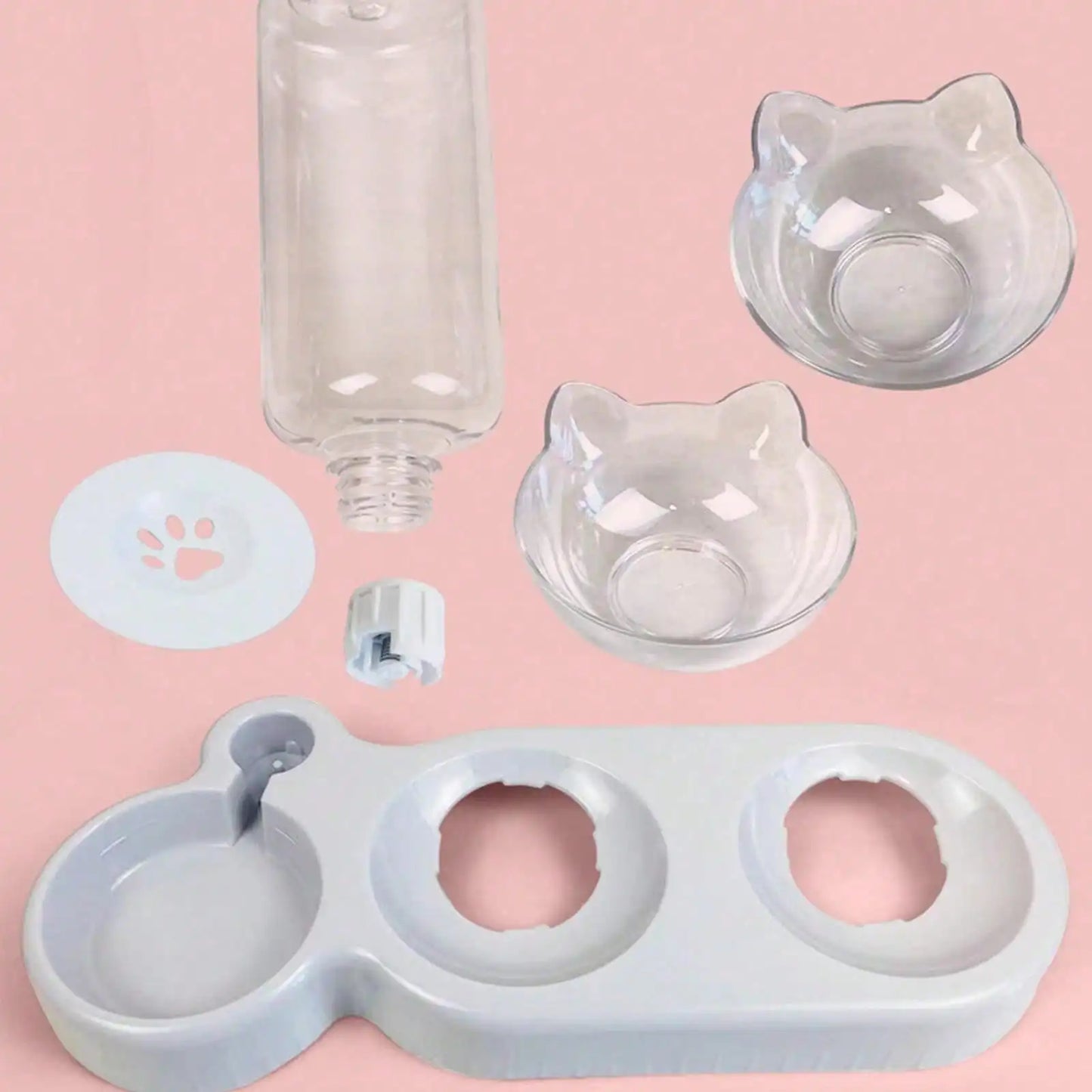 1pc Triple Cat Bowls for Food and Water, Automatic Water Bottle 3 in 1 Pet Bowls 2 Food Bowls and Water Feeder Set Wet Dry