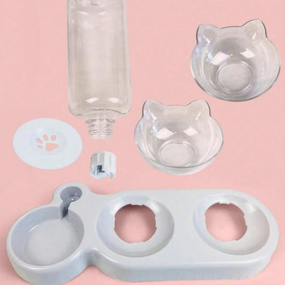 1pc Triple Cat Bowls for Food and Water, Automatic Water Bottle 3 in 1 Pet Bowls 2 Food Bowls and Water Feeder Set Wet Dry