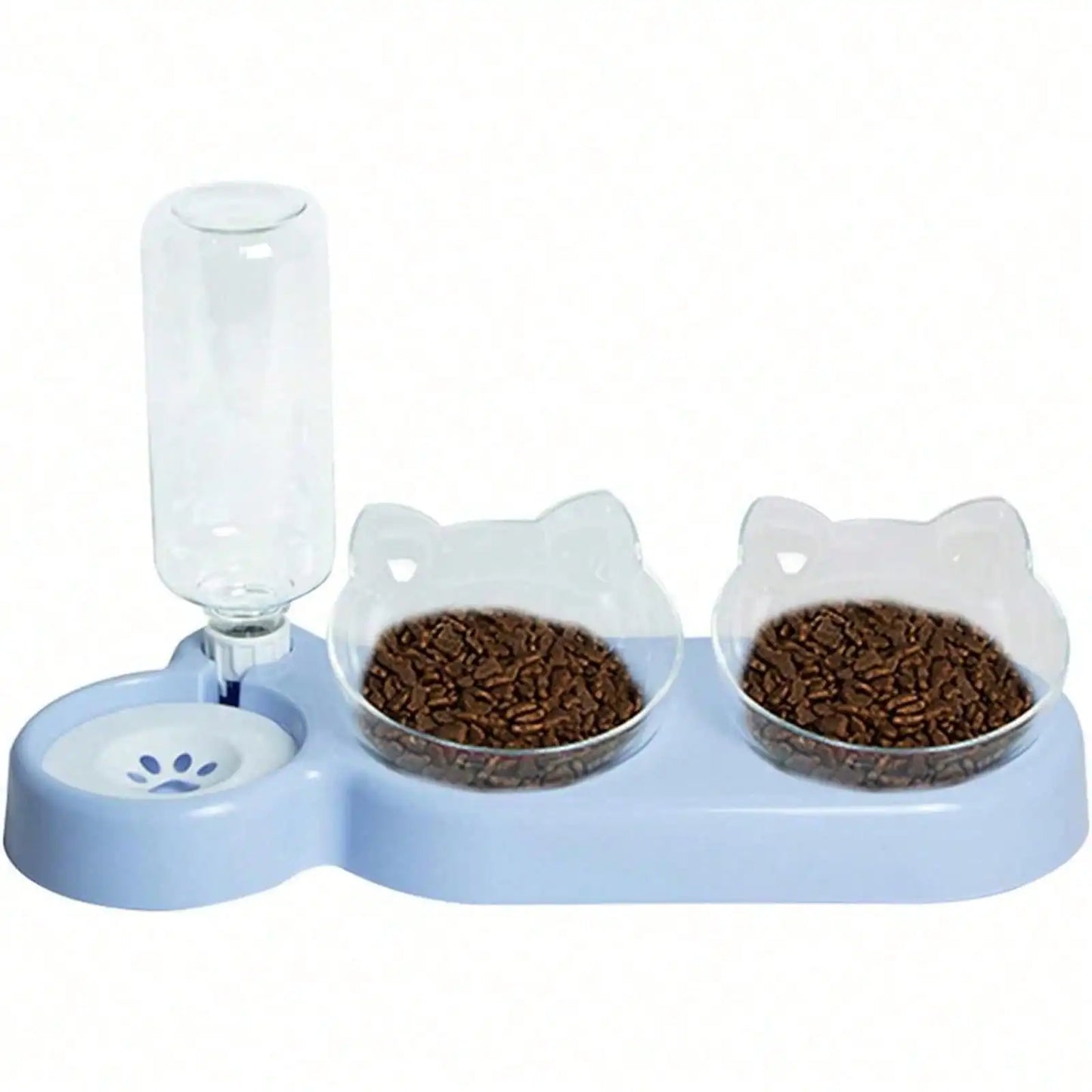 1pc Triple Cat Bowls for Food and Water, Automatic Water Bottle 3 in 1 Pet Bowls 2 Food Bowls and Water Feeder Set Wet Dry