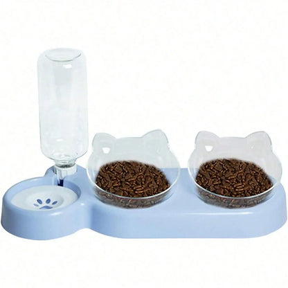 1pc Triple Cat Bowls for Food and Water, Automatic Water Bottle 3 in 1 Pet Bowls 2 Food Bowls and Water Feeder Set Wet Dry